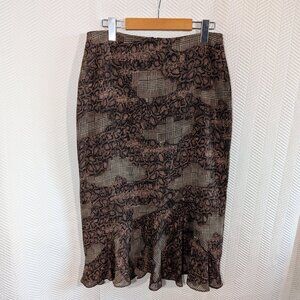 Vintage Brown Midi Skirt Houndstooth & Python Print Chiffon Size 12 Ruffle Hem